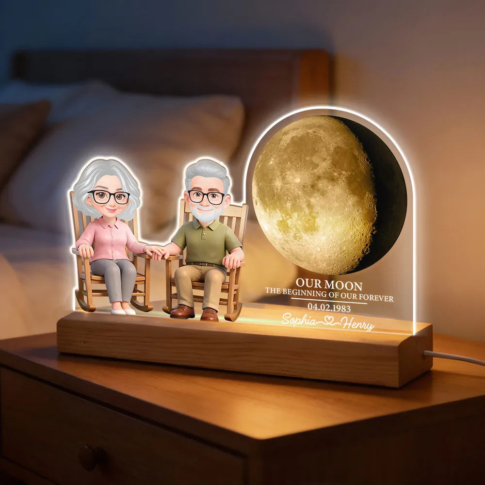 Custom Shaped Acrylic Block LED Plaque, Cozy Rocking Chair Couple Under a Glowing Moon - Romantic Keepsake Gift