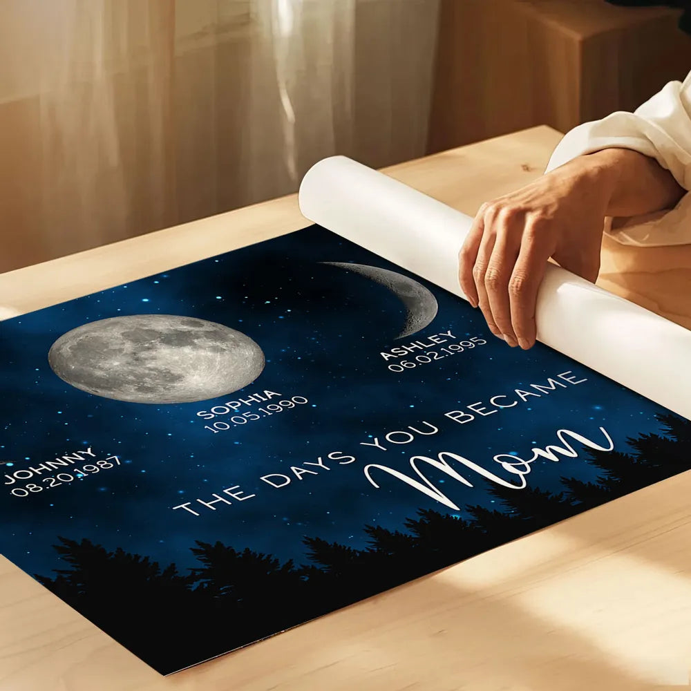 The Days You Became Our Dad Poster – Moon Phases over Forest Night Sky, Creative Personalized Gift for Dad