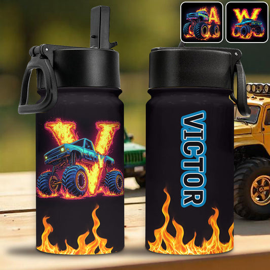 Boy's Cool Monster Truck Print Water Bottle - Personalized Kid Kids Water Bottle