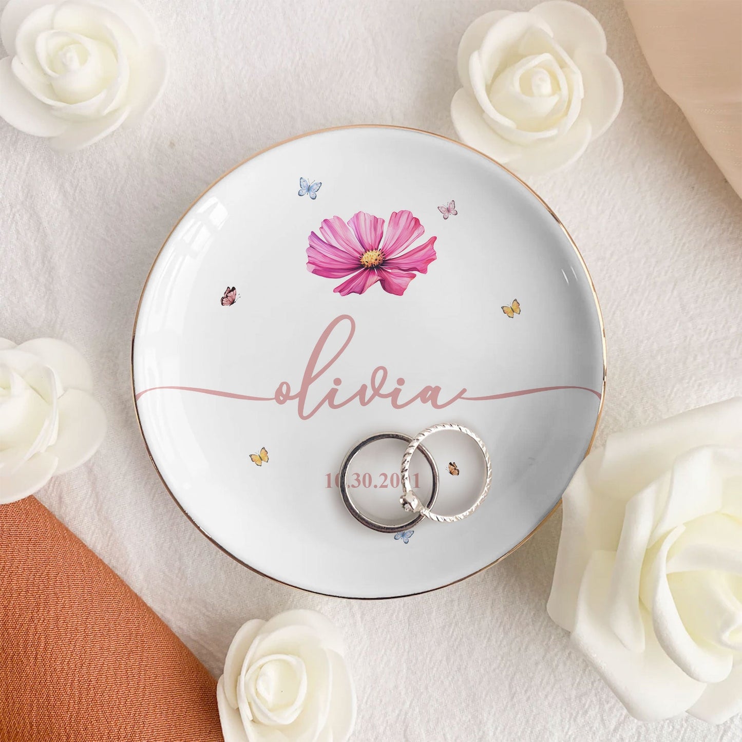 Custom Floral Jewelry Dish with Elegant Accents, Personalized Gift