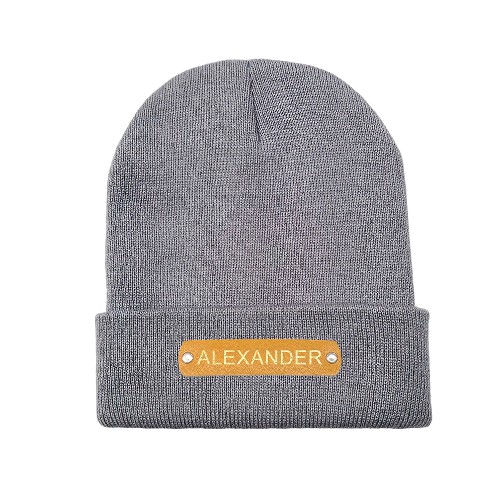 Custom Name Leather Patch Beanie - Personalized Beanie Hat