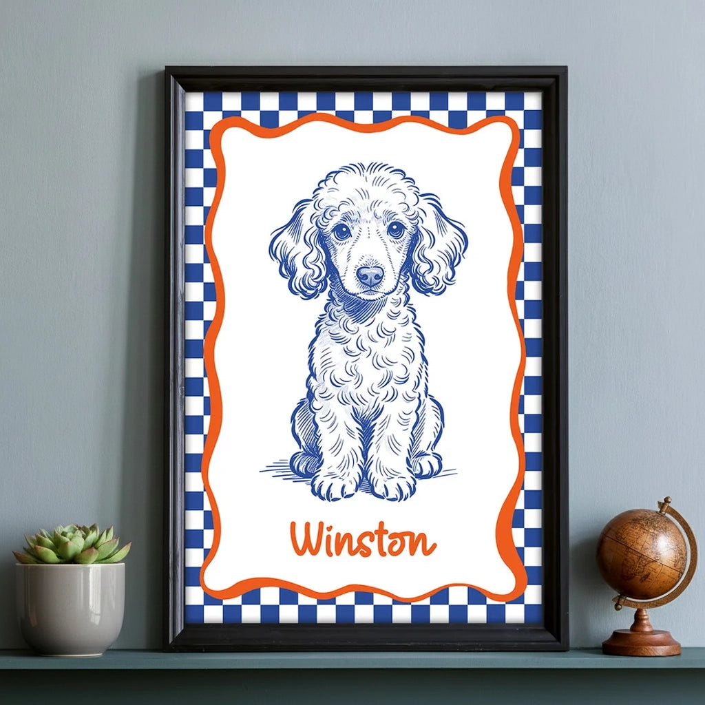 Personalized Dog Portrait Poster Modern Blue Line Art Wall Decor, Unique Creative Gift for Dog Lovers