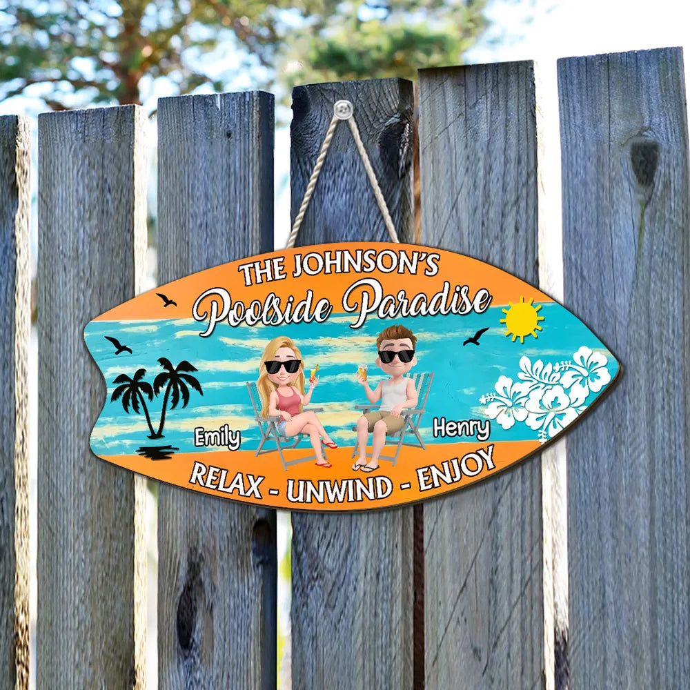 Poolside Paradise Wooden Sign, Personalized Sunny Beach Couple Illustration, Relax Unwind Enjoy, Creative Gift
