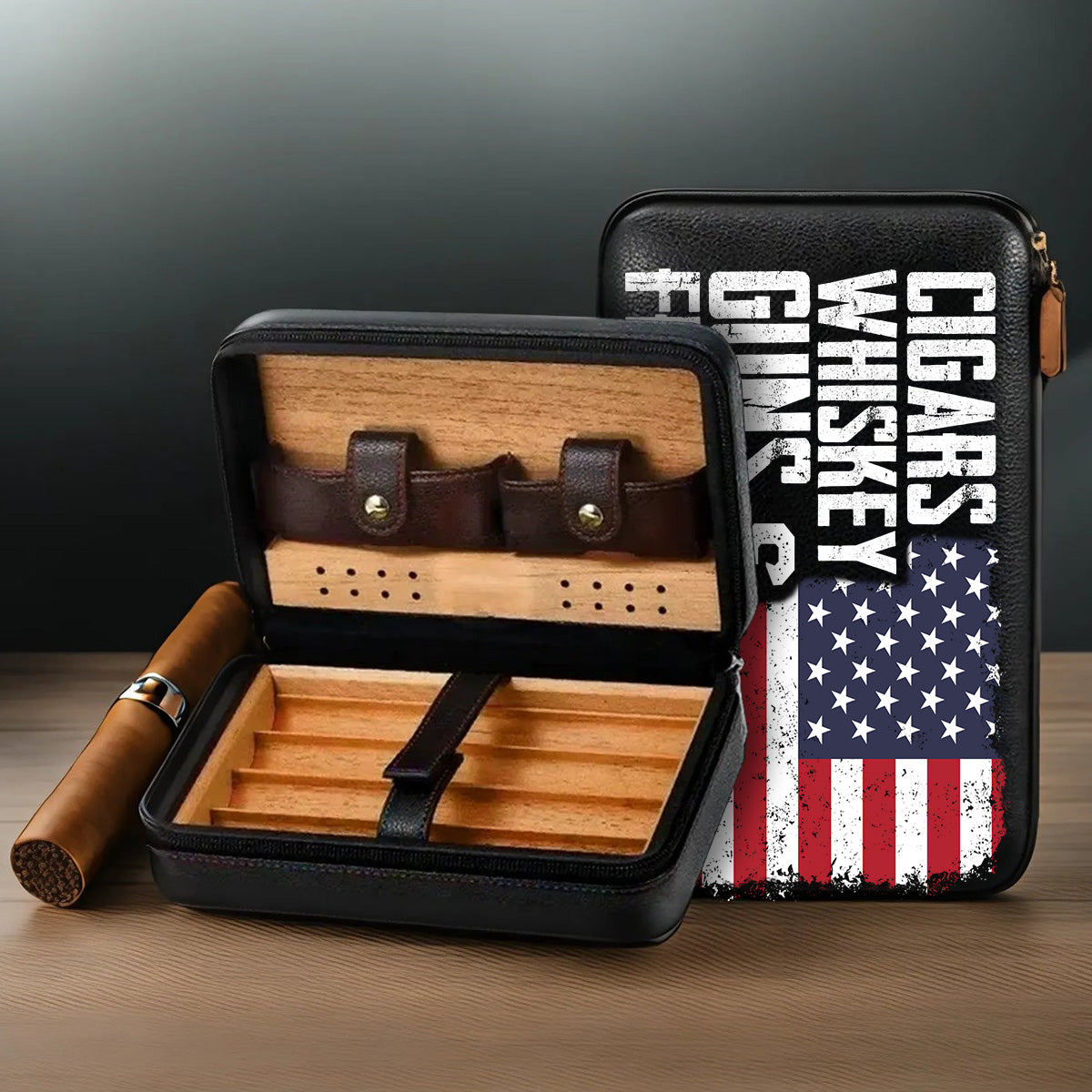 Cigars, Whiskey, G*ns & Freedom - Personalized Whisky Travel Cigar Humidor Case