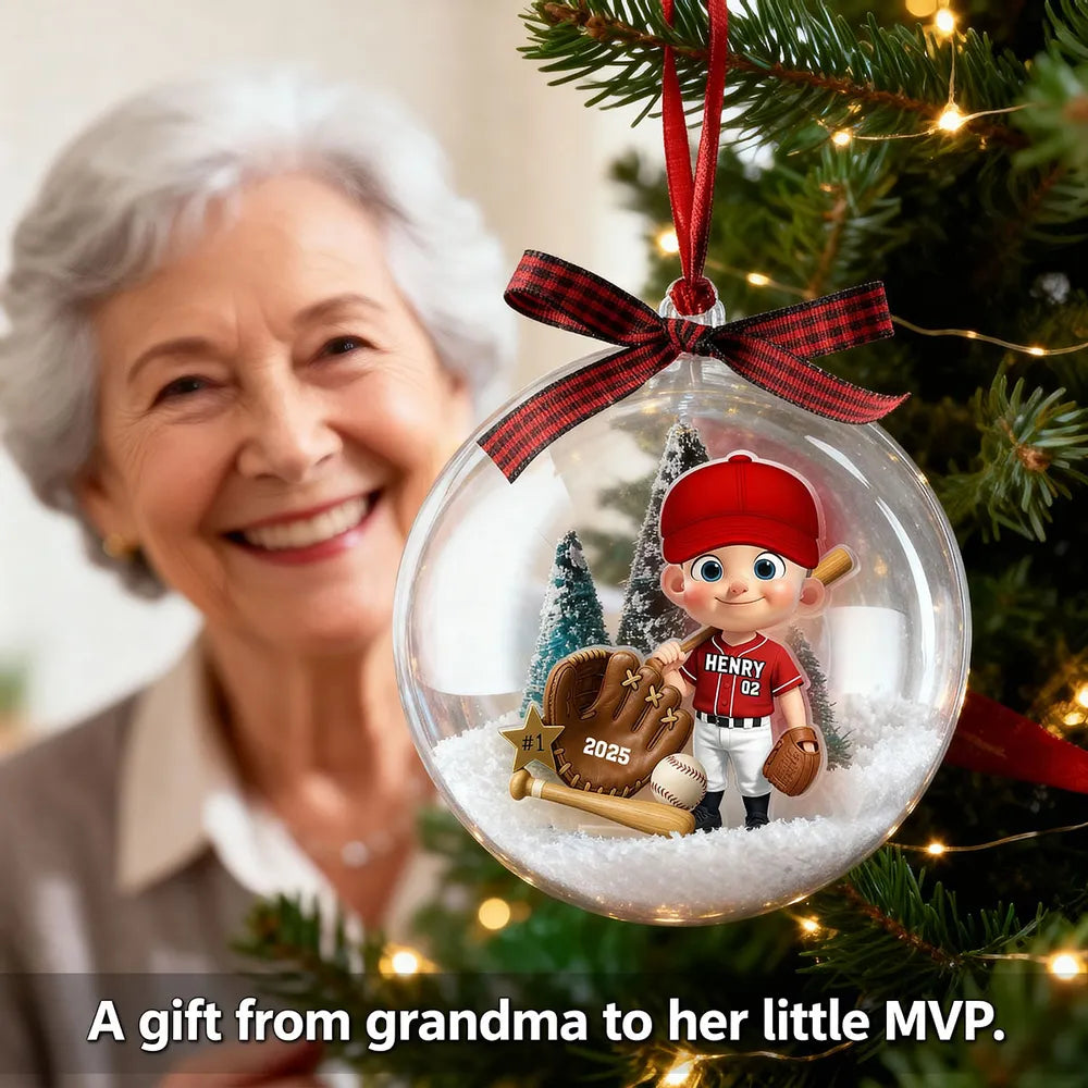 Snow Globe Ornament with Baseball Player - Personalized, Clear Acrylic, Winter Scene, a Unique Gift for Kids & Grandkids