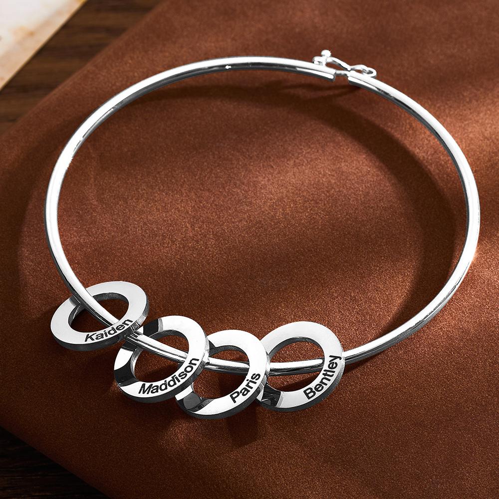 Any Name - Personalized Family Bangle Bracelet with Heart/Round Pendants