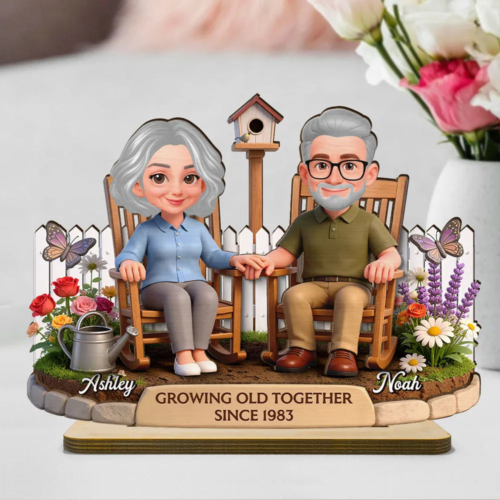 Personalized 2-Layer Wooden Plaque with Couple in Garden Rocking Chairs, Growing Old Together Unique Gift for Husband or Wife