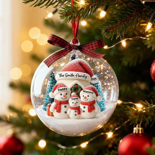 Snowman Family Ball Ornament - Snow Globe Look, Cozy Snow House - A unique Christmas gift for Parents & Family