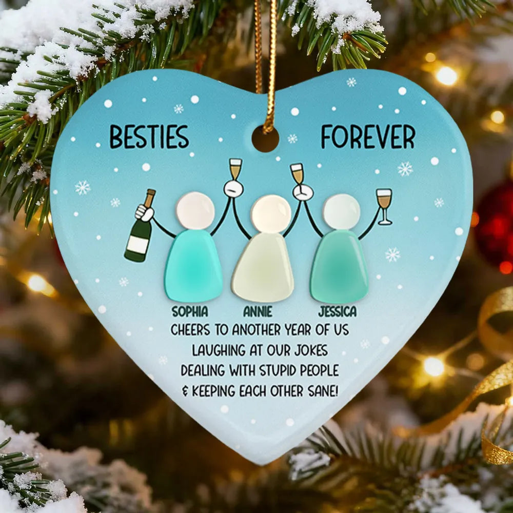 Personalized Besties Heart Ornament – Double-Layer Ceramic & Acrylic Design with Sea-Glass Look, Friendship Holiday Gift