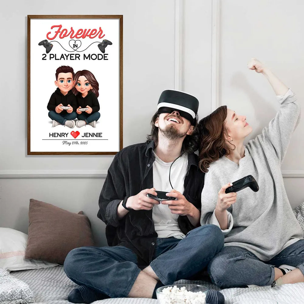 Personalized Gaming Couple Poster Forever In 2 Player Mode Sitting With Controllers Unique Gift For Him & Her
