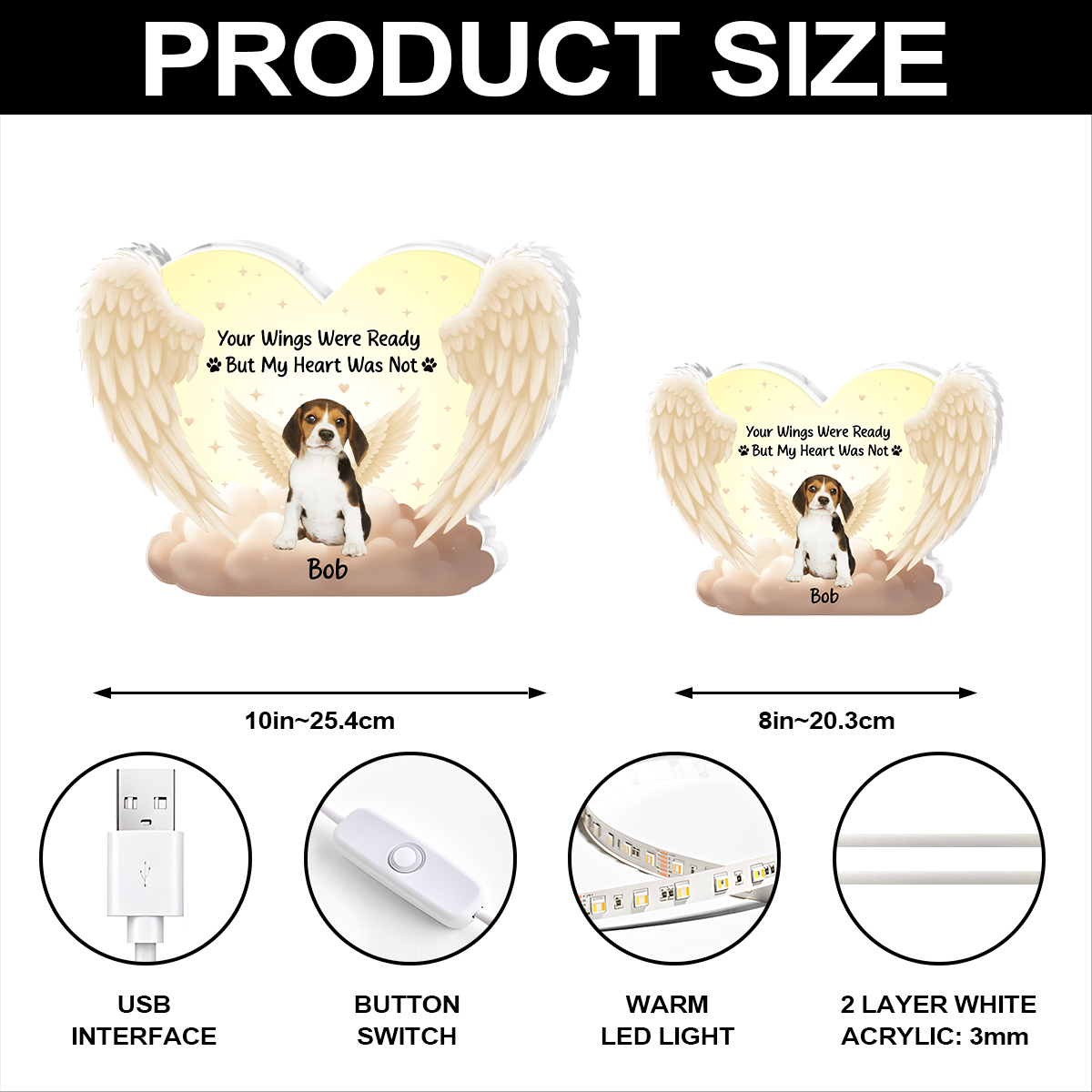 Personalized Acrylic Light Box for Dog Memorials with Angel Wings Art, Soft Warm Glow Keepsake Gift for Pet Owners