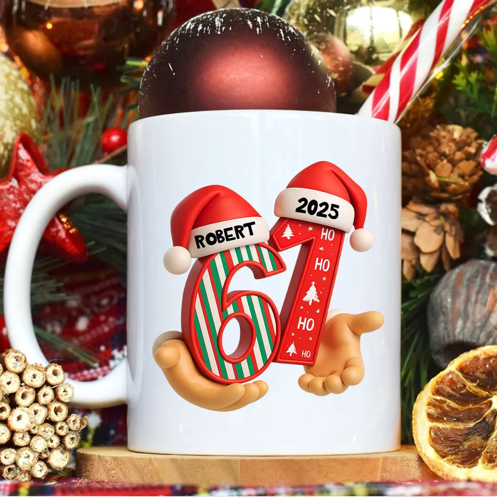 Personalized “67” Christmas Mug with Cute Cookie Design, Custom Name Holiday Gift for Kids, Teens & Grandkids