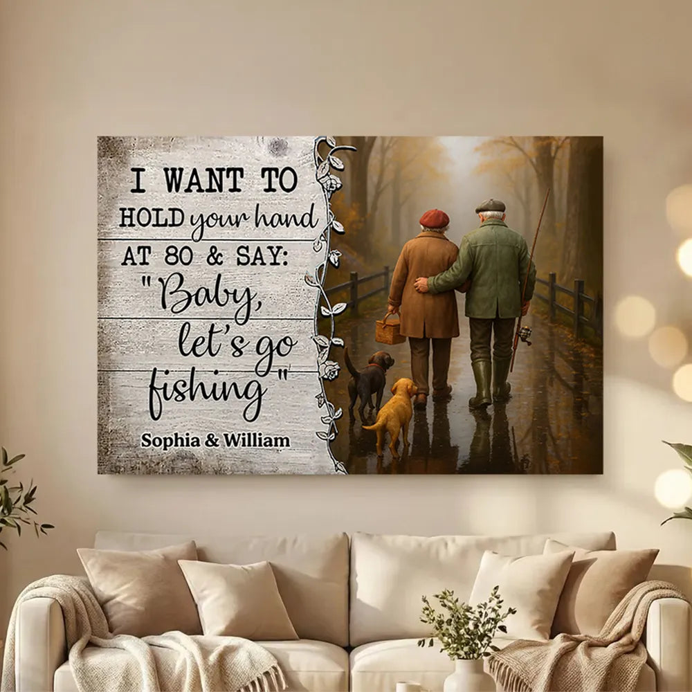 Personalized Couple Fishing Poster with Dogs – Romantic Wall Art for Living Room, Unique Gift for Him or Her