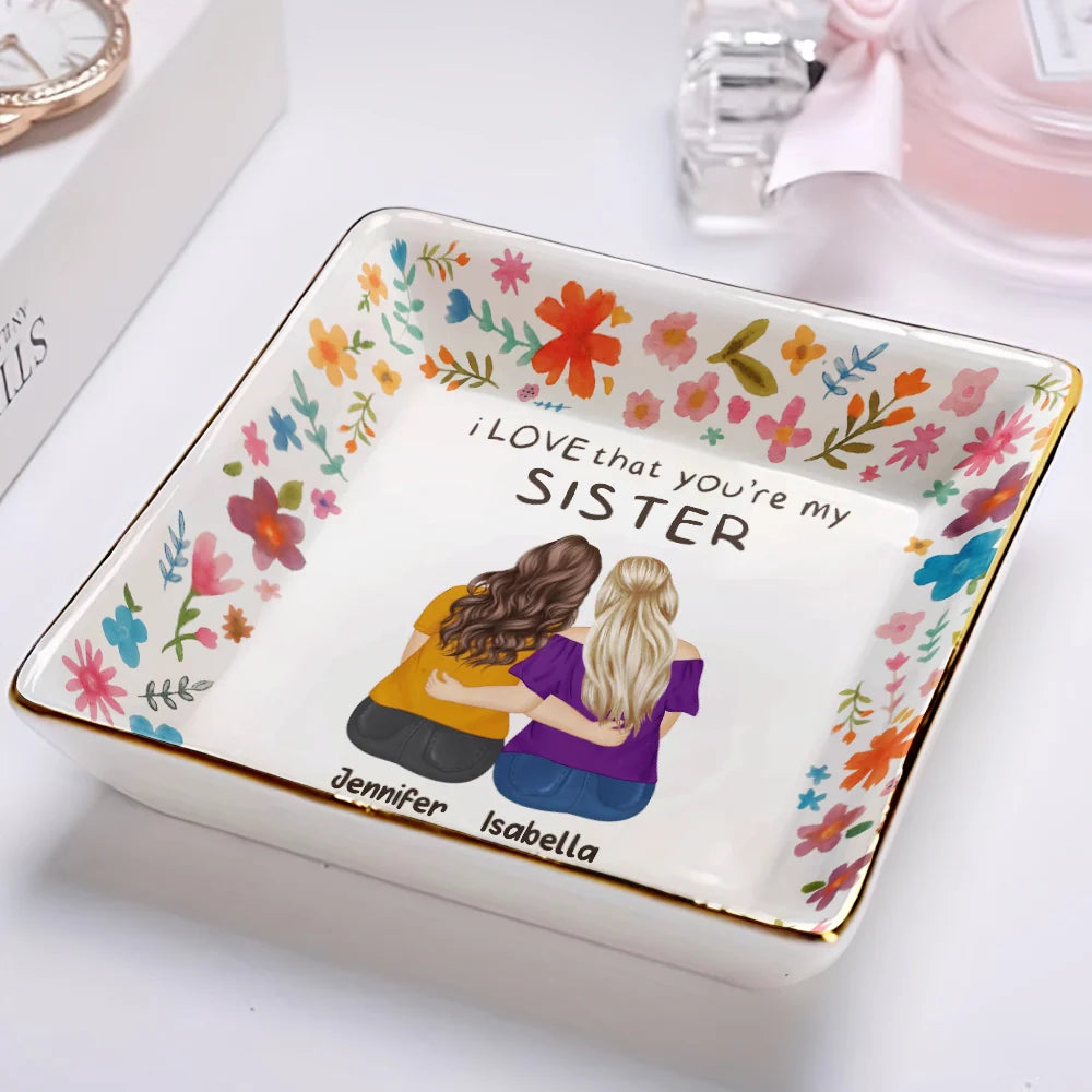 Custom Floral Jewelry Dish – Back View Friend Hug Illustration, Heartfelt Gift for Her