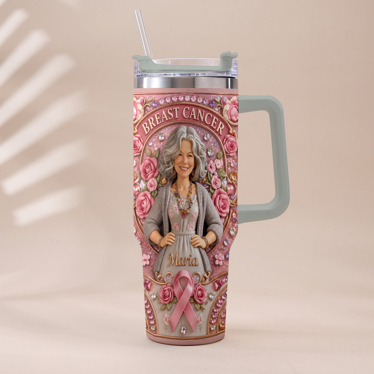 Hope Strength Love - Personalized Breast Cancer Awareness Tumbler With Plush Charm