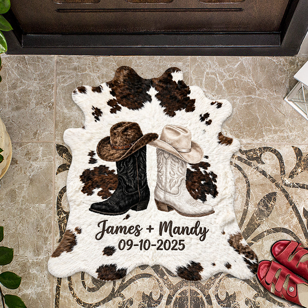 Farm House Decoration, Cowboy & Cowgirl Couple - Personalized Western Outfit Shaped Doormat/ Rug