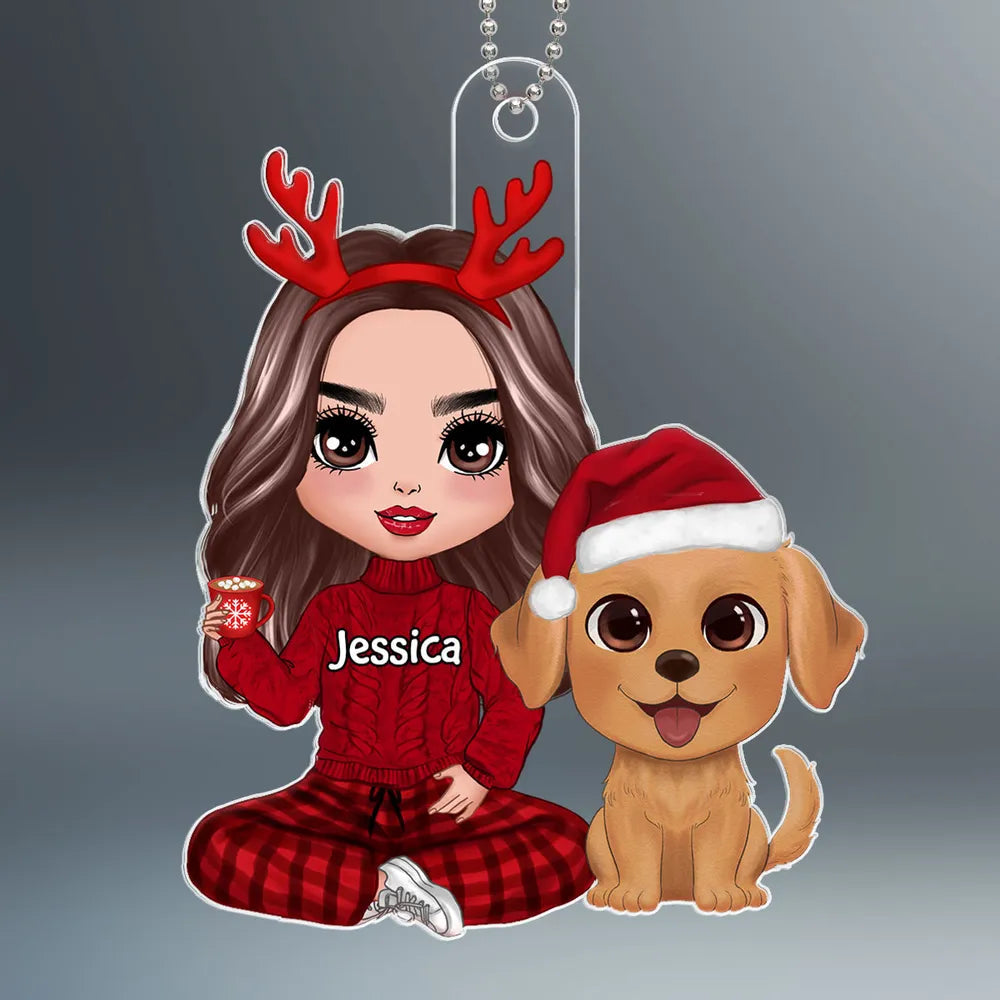 Personalized Acrylic Ornament with Cute Dog and Cozy Christmas Girl, Festive Decor and Unique Gift for Dog Lovers
