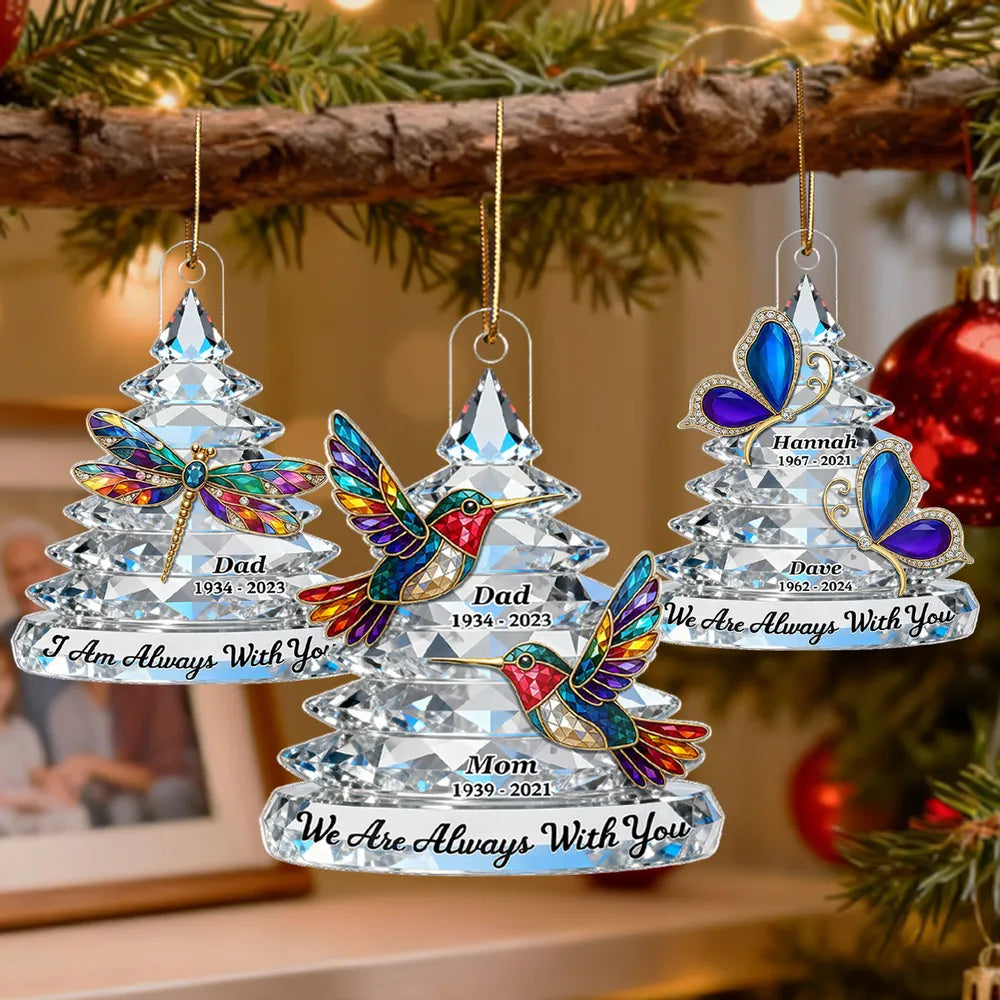 Personalized Memorial Acrylic Ornament with Colorful Hummingbirds, Christmas Tree Keepsake, Unique Sympathy Gift