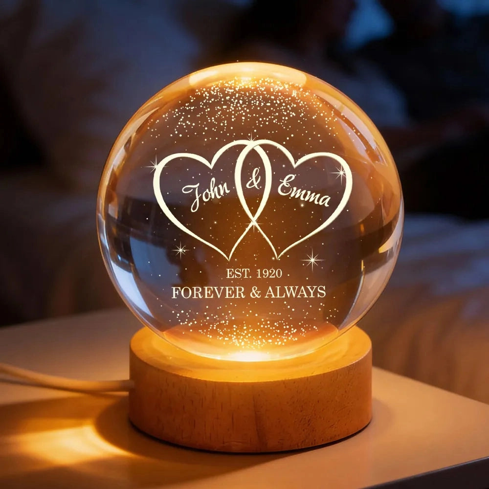Personalized Globe Lamp with Interlocked Hearts, Romantic Bedside Glow, Unique Couple Gift for Her or Him