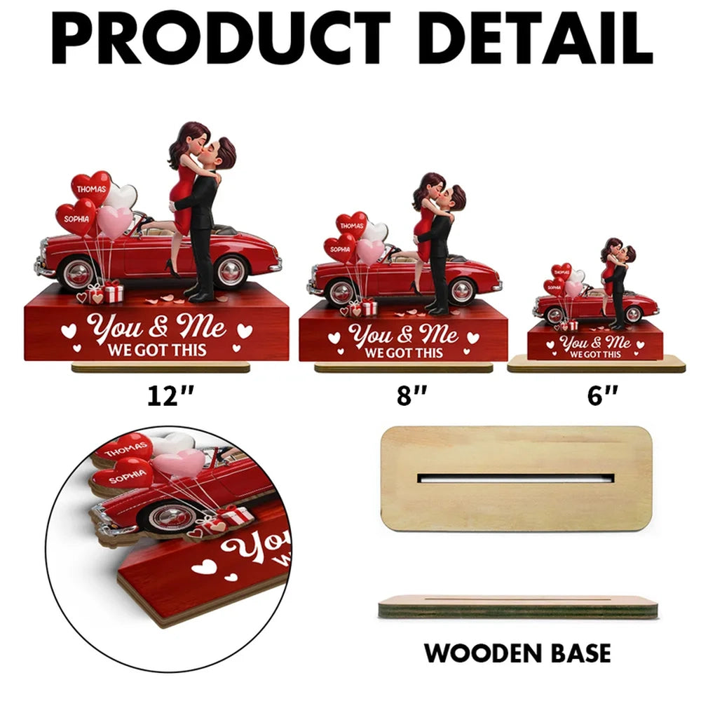 Personalized 2-Layer Wooden Plaque Couple Hugging by a Red Car, You & Me We Got This, Unique Valentine's Day Gift