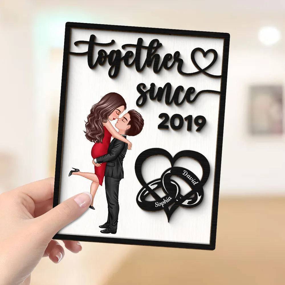 Love Timeline - ‘Together Since’ Couple Rings - Personalized 2-Layer Wooden Plaque for Valentine's & Anniversary