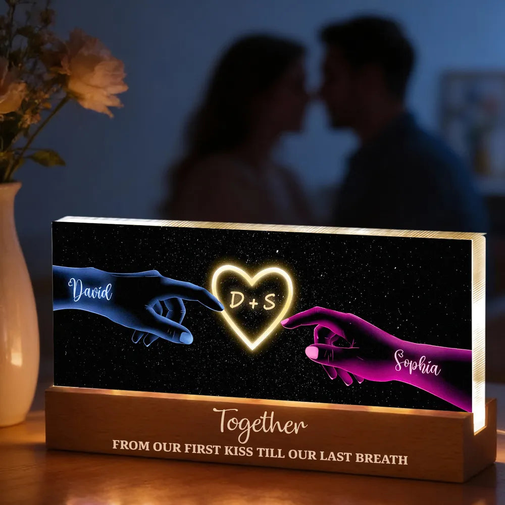 Personalized Block LED Light Plaque with Couple Hands & Glowing Heart, Romantic Bedside Decor, Unique Gift for Couples