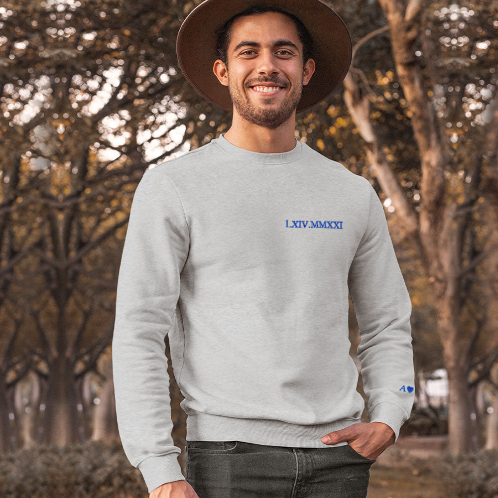 Custom Engraved Embroidery Round Neck Roman Numeral Date - Personalized Couple Sweatshirt