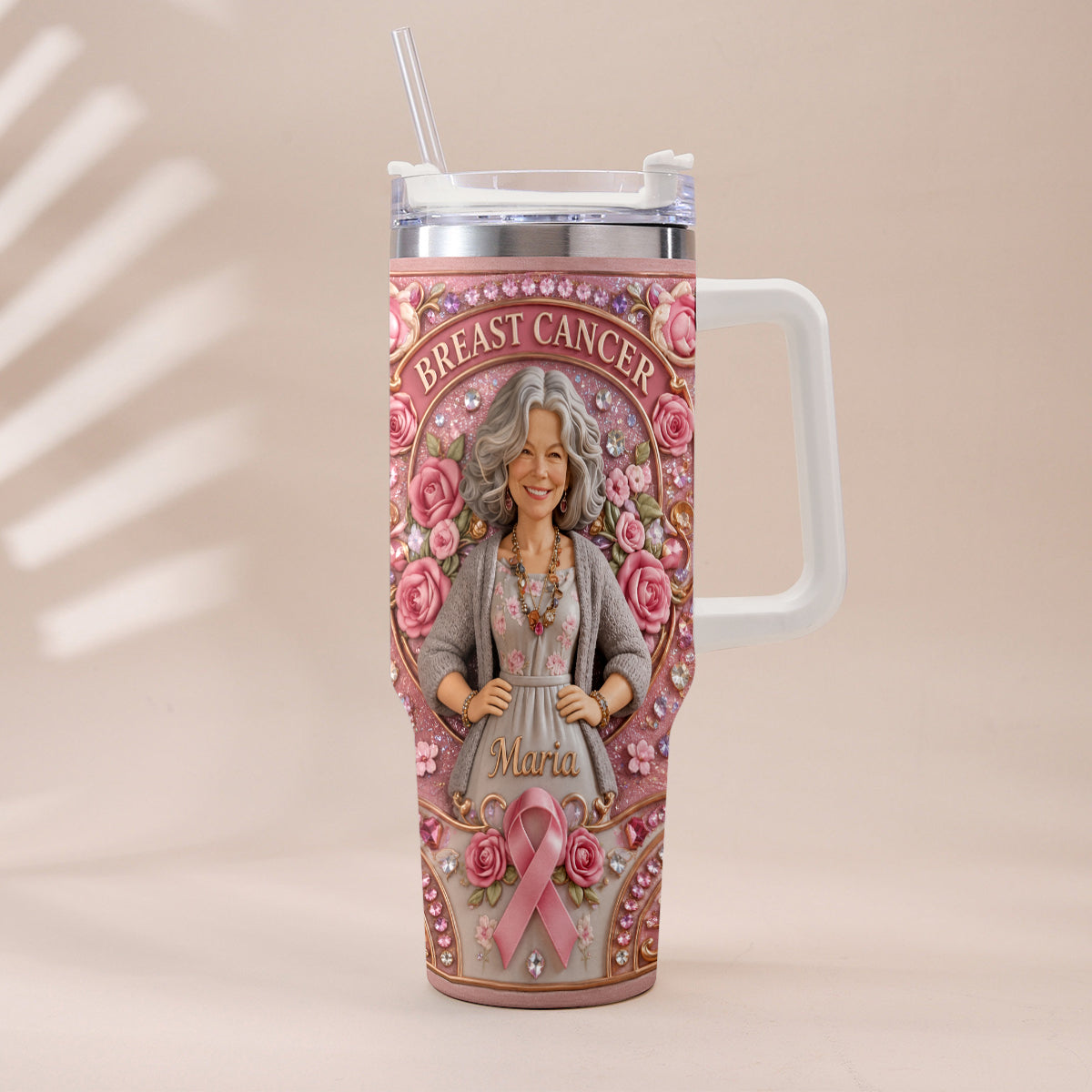 Hope Strength Love - Personalized Breast Cancer Awareness Tumbler With Plush Charm