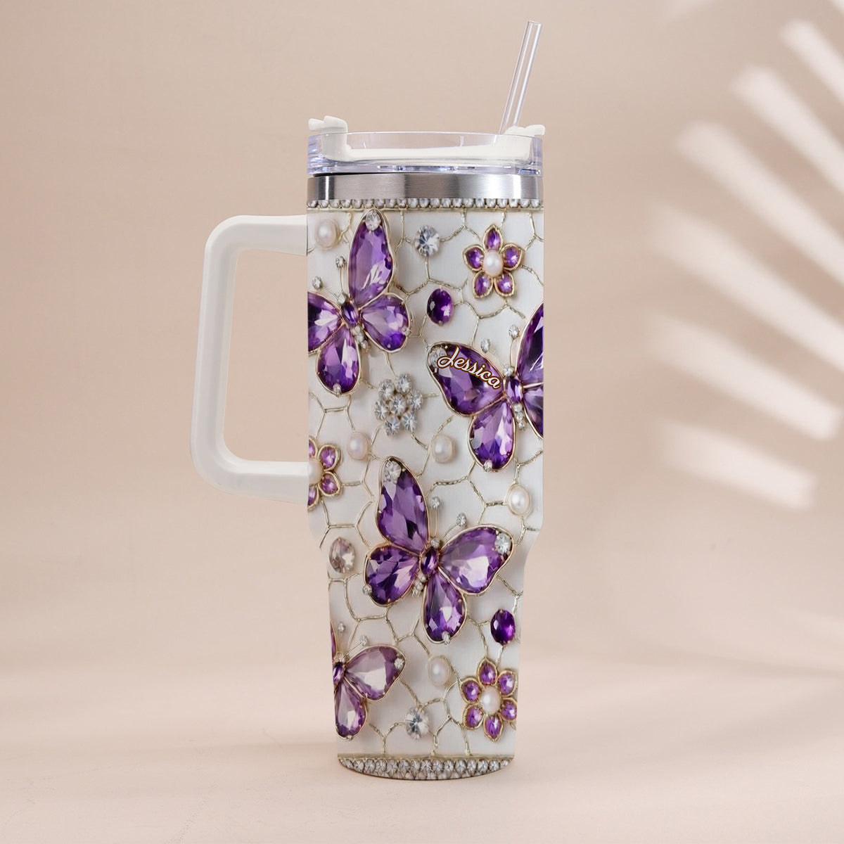 Love Butterflies - Personalized Butterfly Tumbler With Handle