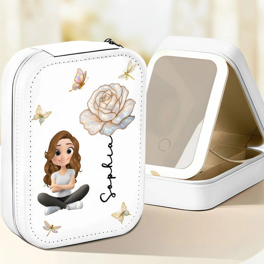 Custom Leather LED Makeup Case Jewelry Box with Name & Blooming Flower – Adorable Personalized Gift for Daughter or Best Friend