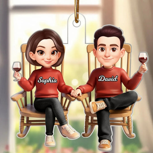 Personalized Acrylic Ornament Cartoon Couple Holding Hands in Rocking Chairs Unique Gift for Him & Her