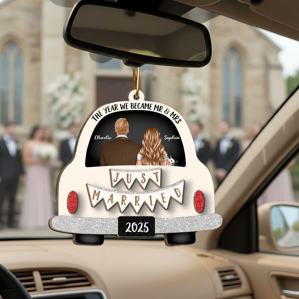 Custom 2-Layer Wooden Ornament 'Just Married' Gift for Couples
