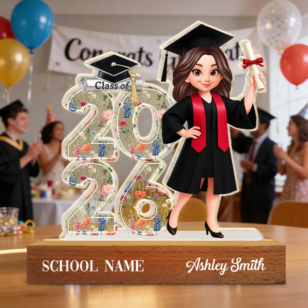 Senior Floral Block LED Light Plaque, Class Of Keepsake with Cap and Diploma Design, Creative Gift for Graduates