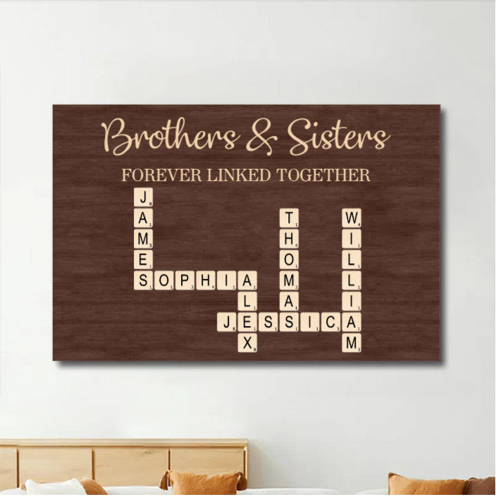 Brothers & Sisters Forever Linked Together Crossword Puzzle Art Personalized Poster or Plaque or Keychain or Orament or Cup, Gift For Siblings, Family, Brother