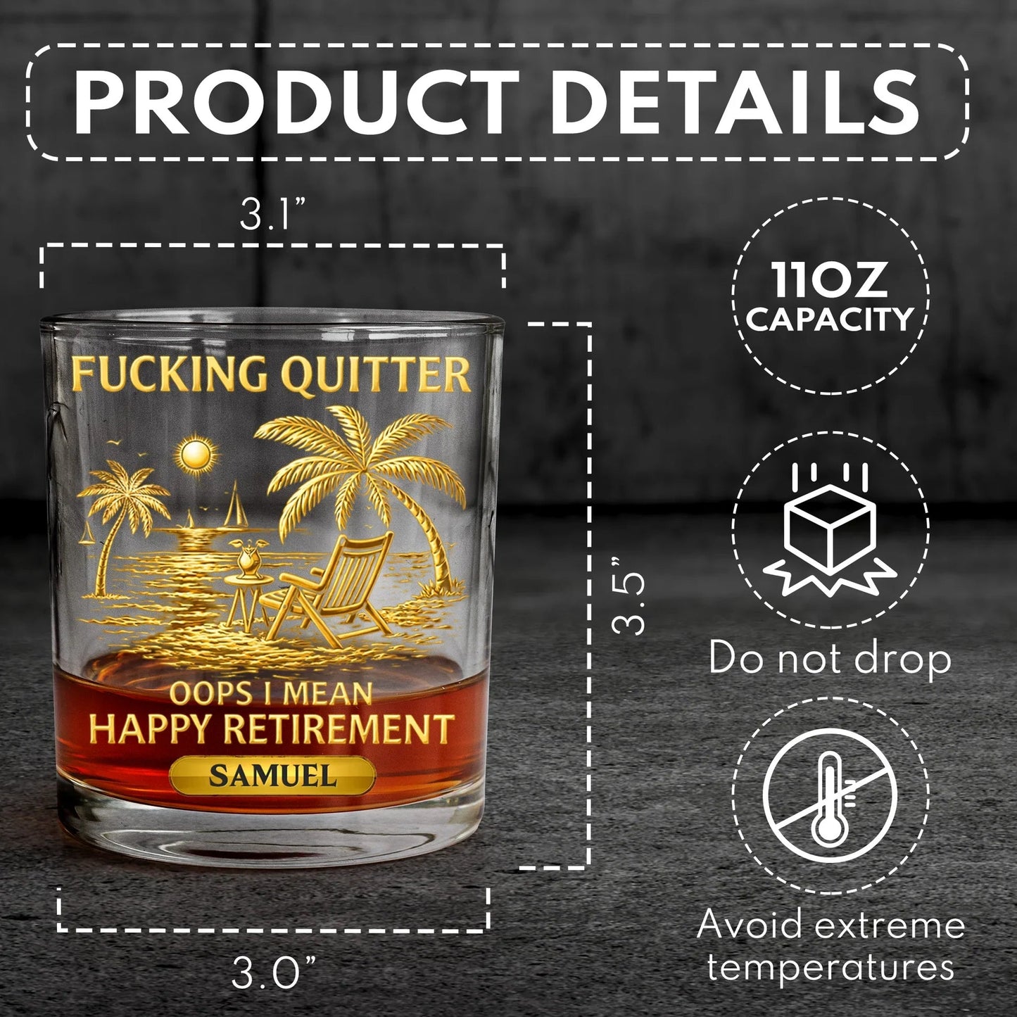 Funny Happy Retirement Whiskey Glass, Personalized Name Gift with Beach Chair Sunset Design - A Classy Bar Keepsake