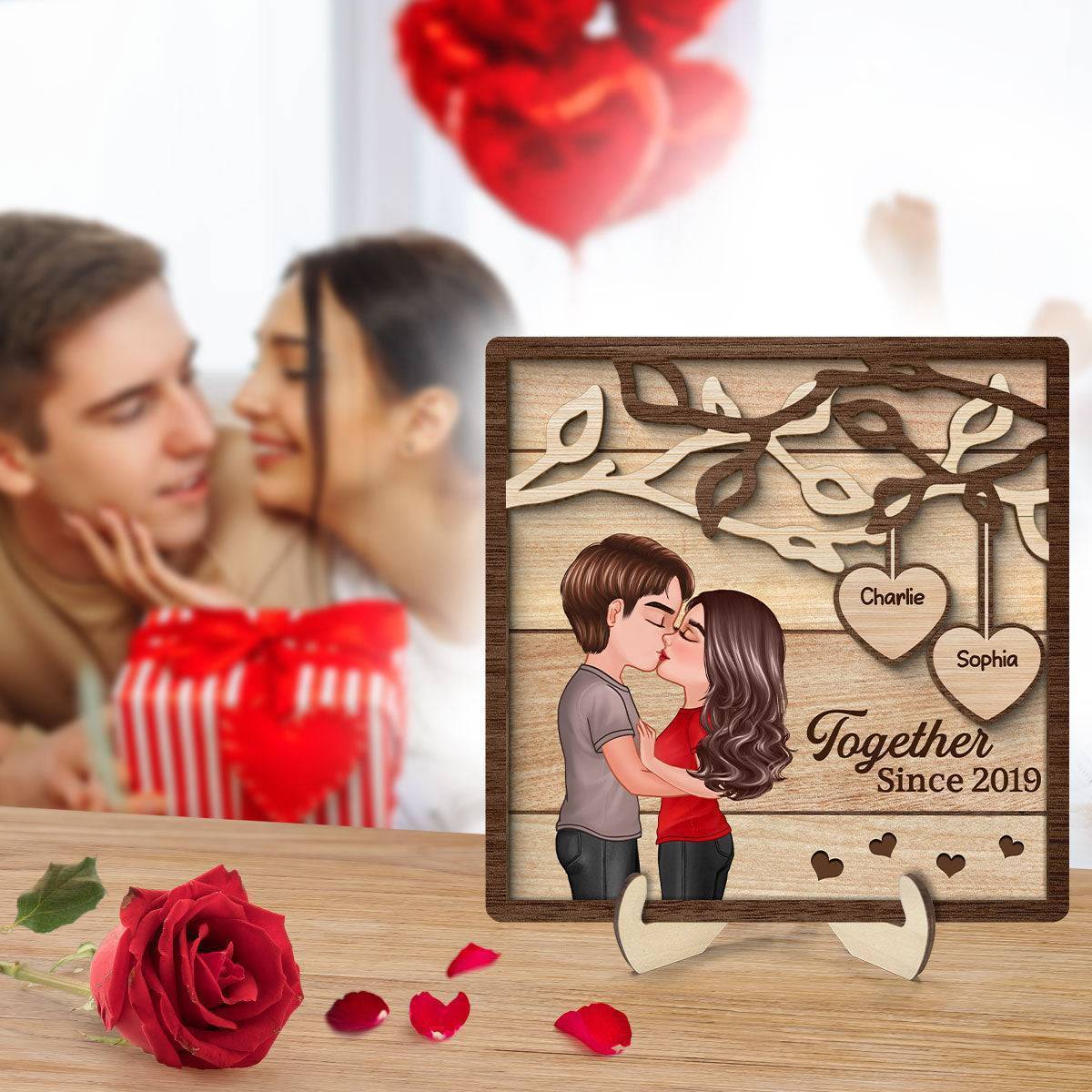 Enchanted Love - Personalized 'Couple Kissing Under Tree' Wooden Plaque - A Perfect Valentine's & Anniversary Gift for Him and Her