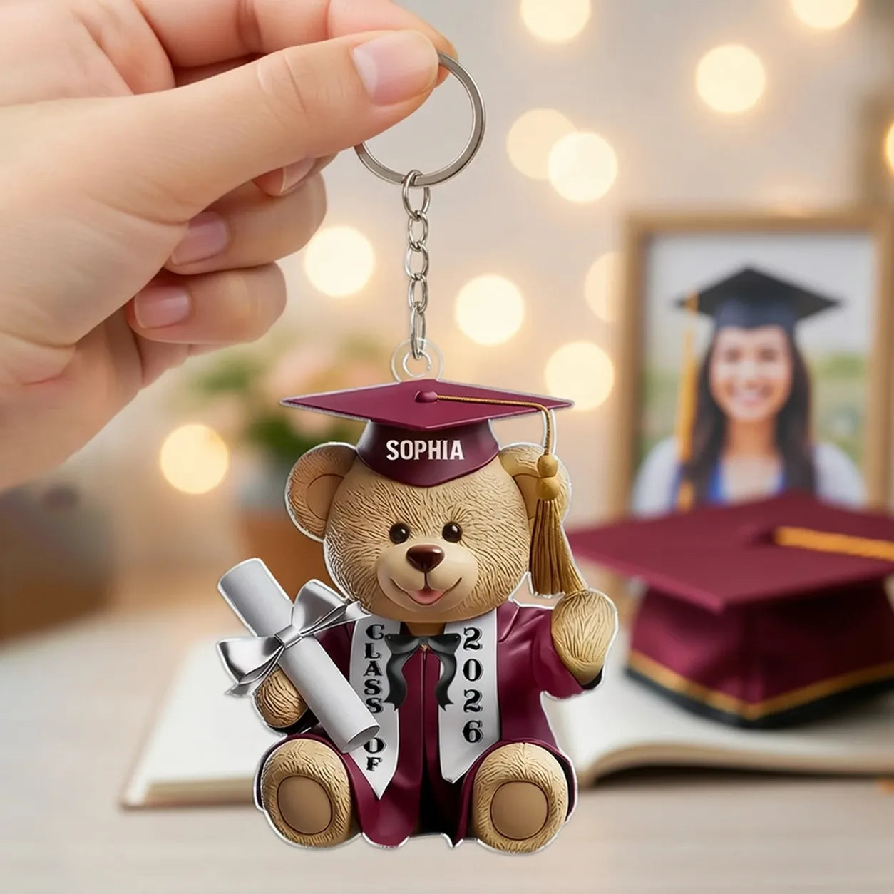 Acrylic Keychain Cute Graduation Bear with Cap and Diploma - Personalized Gift That Feels So Special