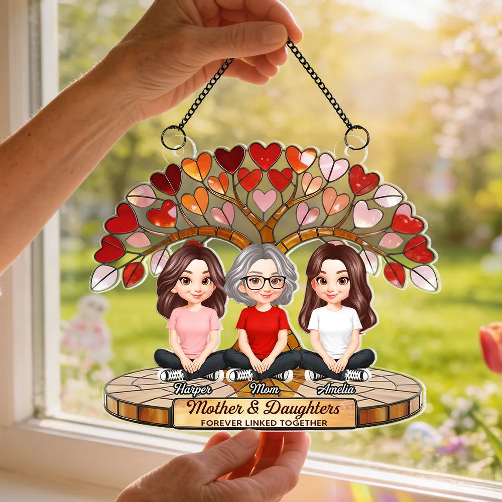 Personalized Acrylic Suncatcher Ornament Mother & Daughters Heart Tree Window Decor, Unique Gift for Mom