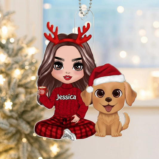 Personalized Acrylic Ornament with Cute Dog and Cozy Christmas Girl, Festive Decor and Unique Gift for Dog Lovers