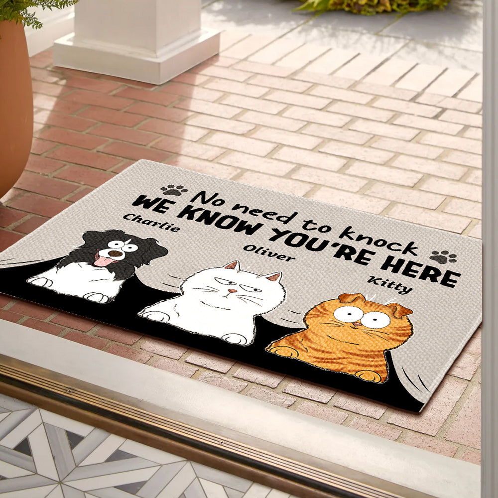 Personalized Pet Doormat – Funny 'No Need to Knock' Welcome Mat with Custom Dog & Cat Names – Perfect Gift for Dog & Cat Lovers, Housewarming Decor