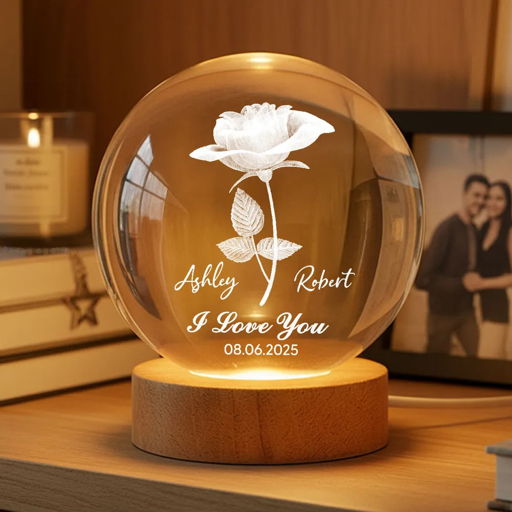 Personalized I Love You Globe Lamp with Rose Design - Cozy Bedside Glow for Her or Him, Unique Gift