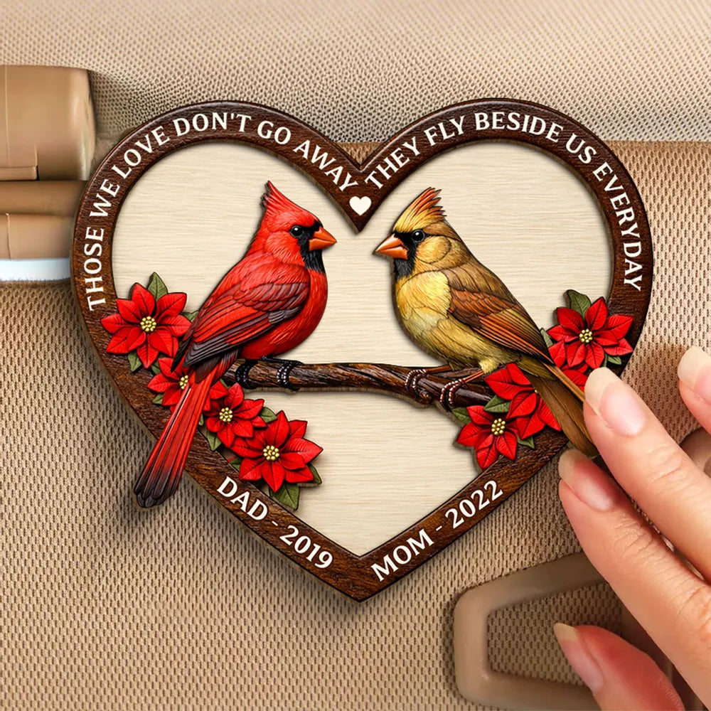 Personalized 2-Layer Wooden Car Visor Clip with Memorial Cardinal in Heart Frame, Unique Sympathy Gift for Loved One