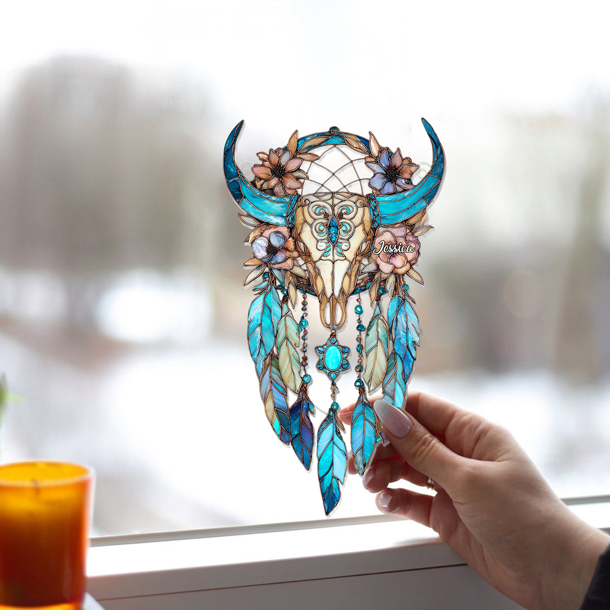 Floral Bull Skull - Personalized Cowgirl Window Hanging Suncatcher Ornament