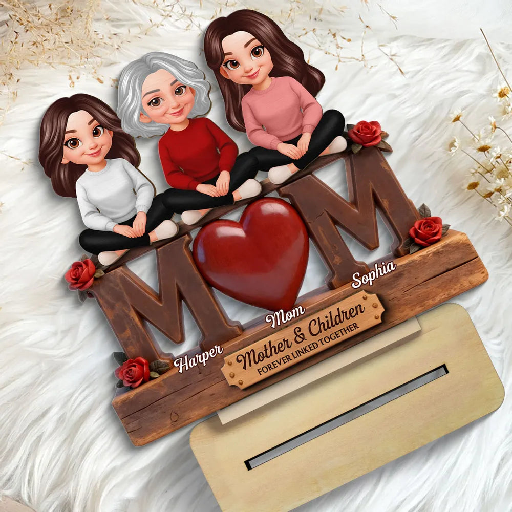 Personalized 2-Layer Wooden Plaque Mom and Daughters Cartoon Sitting on MOM Heart - Unique Mother's Day Gift