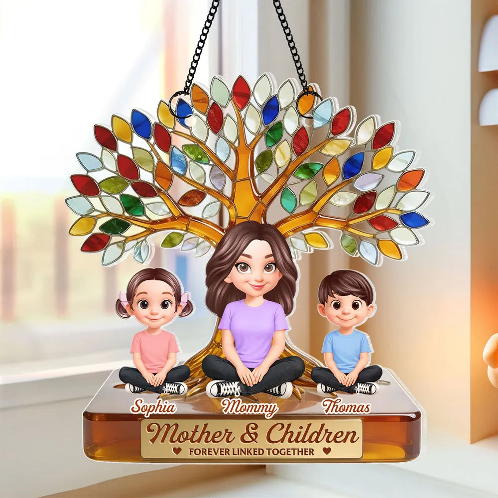 Personalized Acrylic Suncatcher Ornament for Mom, Mother and Children Under Colorful Tree, Unique Gift That Lights Up Any Window