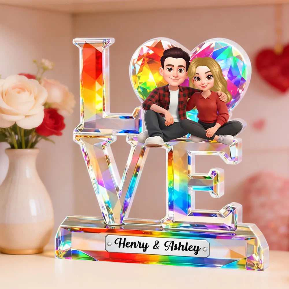 Personalized Shaped Acrylic Block Plaque LOVE with Heart & Cute Couple Sitting - Unique Valentine's Gift for Him or Her