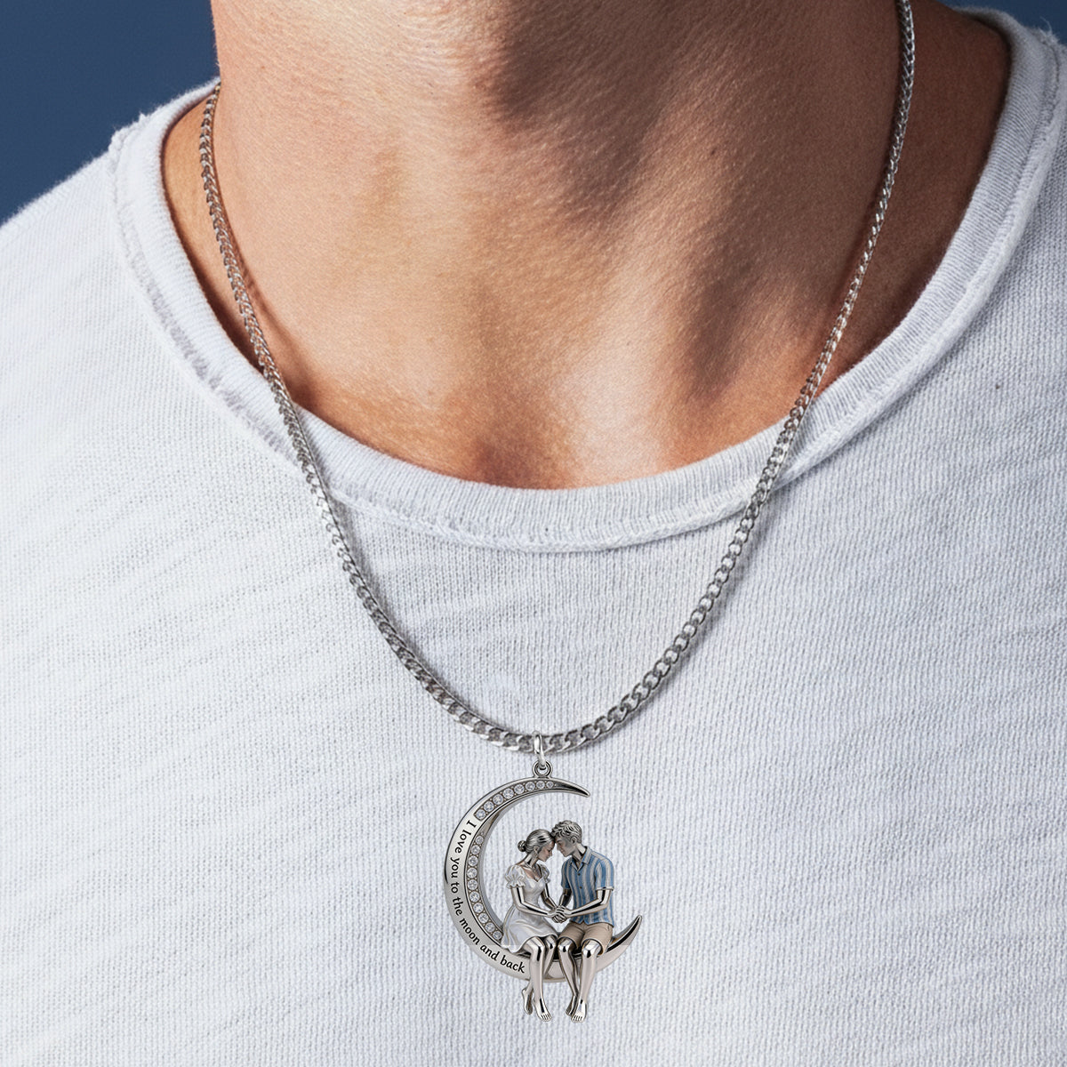 I Love You to the Moon and Back - Personalized Couple Shaped Metal Pendant Necklace