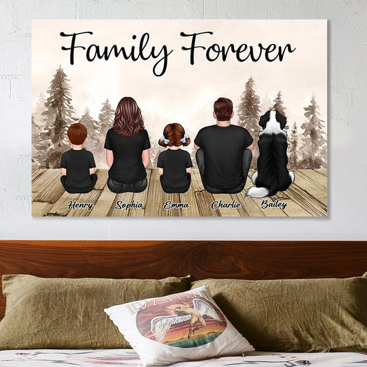 Custom Family Poster, Cozy Woodland Scene with Back View Parents Kids and Pet, Heartfelt Home Decor Unique Gift