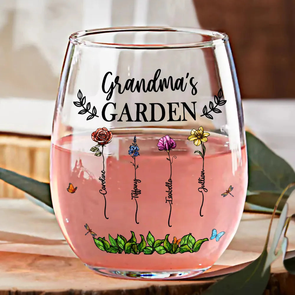 Grandma's Garden Personalized Wine Glass – Custom Floral Design with Loved Ones' Names, Ideal Mother’s Day Gift for Grandmothers, Wine Glass