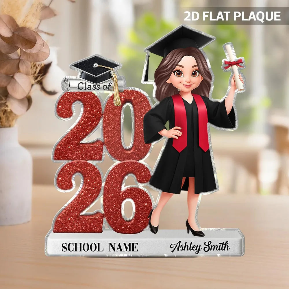 Personalized Shaped Acrylic Block Plaque Graduation Decor, Cute Cartoon Grad Holding Diploma, Unique Gift